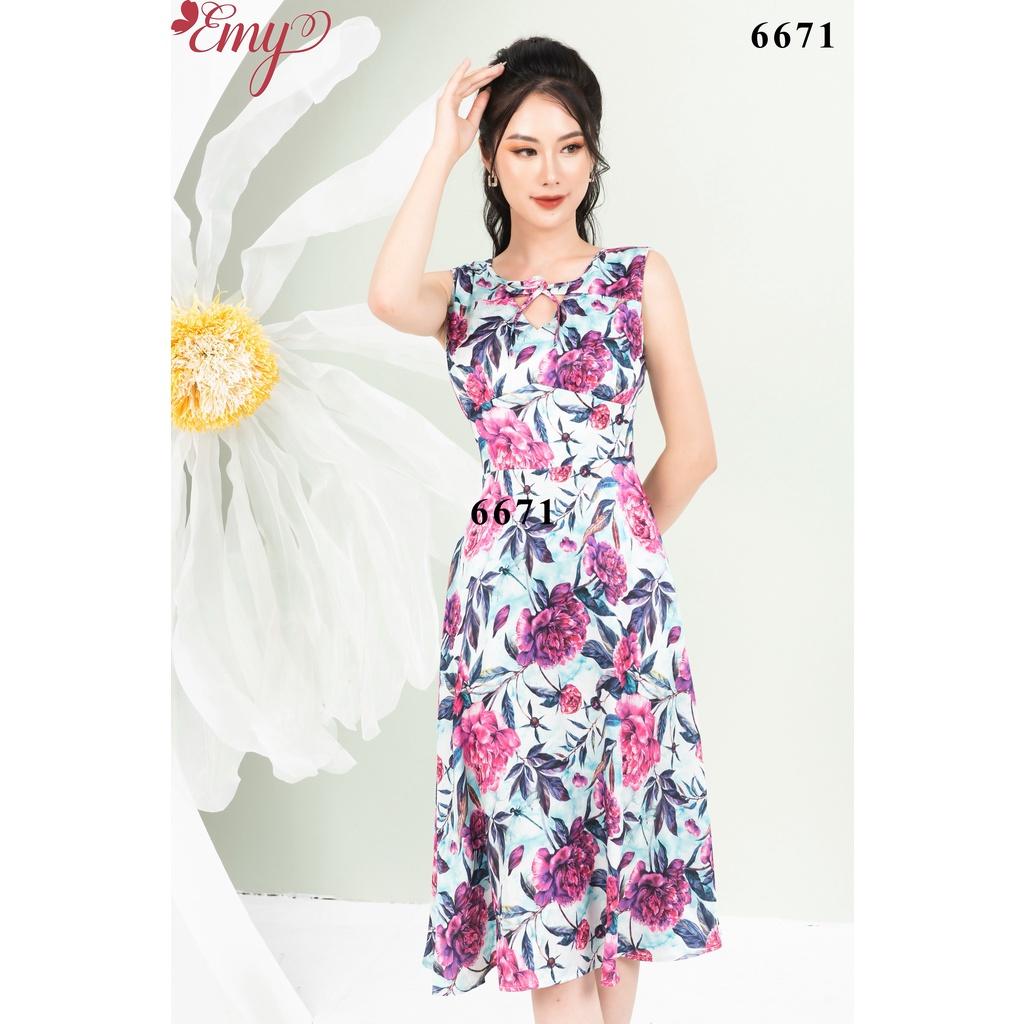 Đầm EMY EM6671 Xoè Sát Nách Hoạ Tiết Hoa To