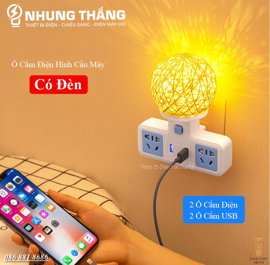 Ổ Cắm Điện Đa Năng - Đèn Ngủ Cầu Mây - 2 Cổng USB , Ổ Chịu Tải 2500W, Chống Cháy Nổ - Kèm Phích Chuyển Đổi - Có Video