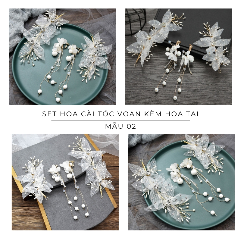 Set Hoa Cài Tóc Voan Kèm Hoa Tai 150 Số 5,  Dùng Ghim Cài Giữ Chắc Chắn, Cài Tóc Đẹp Và Thời Trang Trong Các Sự Kiện, Chụp Ảnh, Trang Trí Cánh Hoa Ren Mềm Mại, Cách Điệu Nghệ Thuật, Đính Đá Sang Trọng, Uốn Tạo Kiểu Bằng Các Sợi Hợp Kim Phủ Nhũ