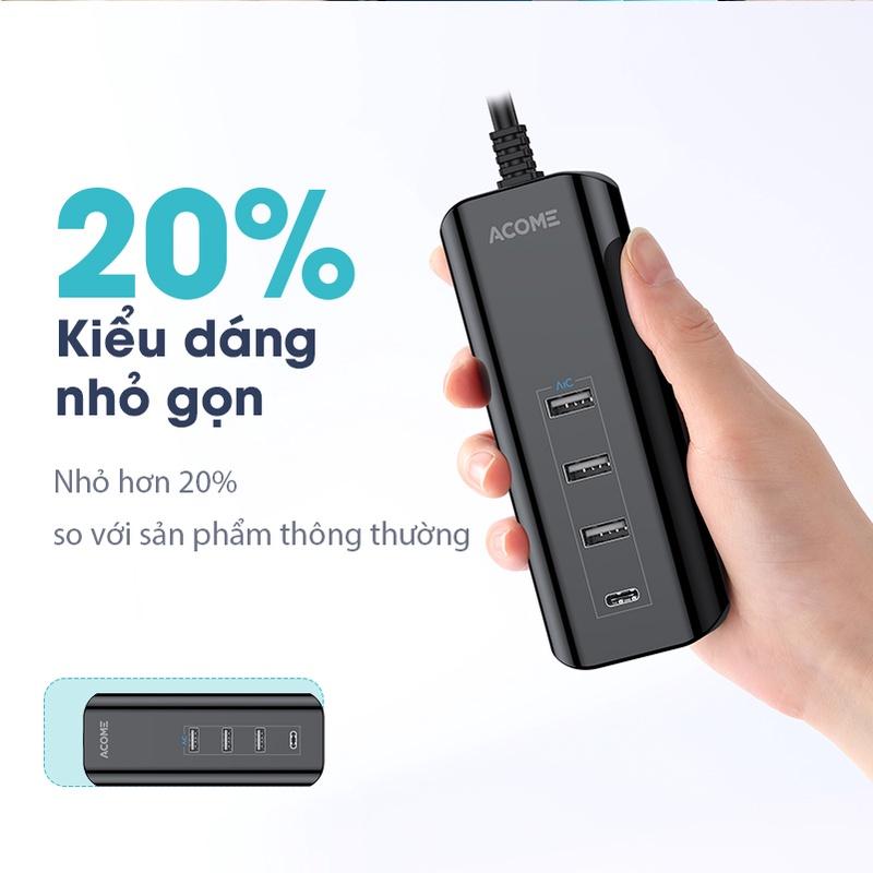 Ổ Cắm Cổng Sạc Nhanh 4 Cổng Sạc Nhỏ Gọn ACOME 3 Ouput USB-A Và 1 OutPut Type C - Hàng Chính Hãng