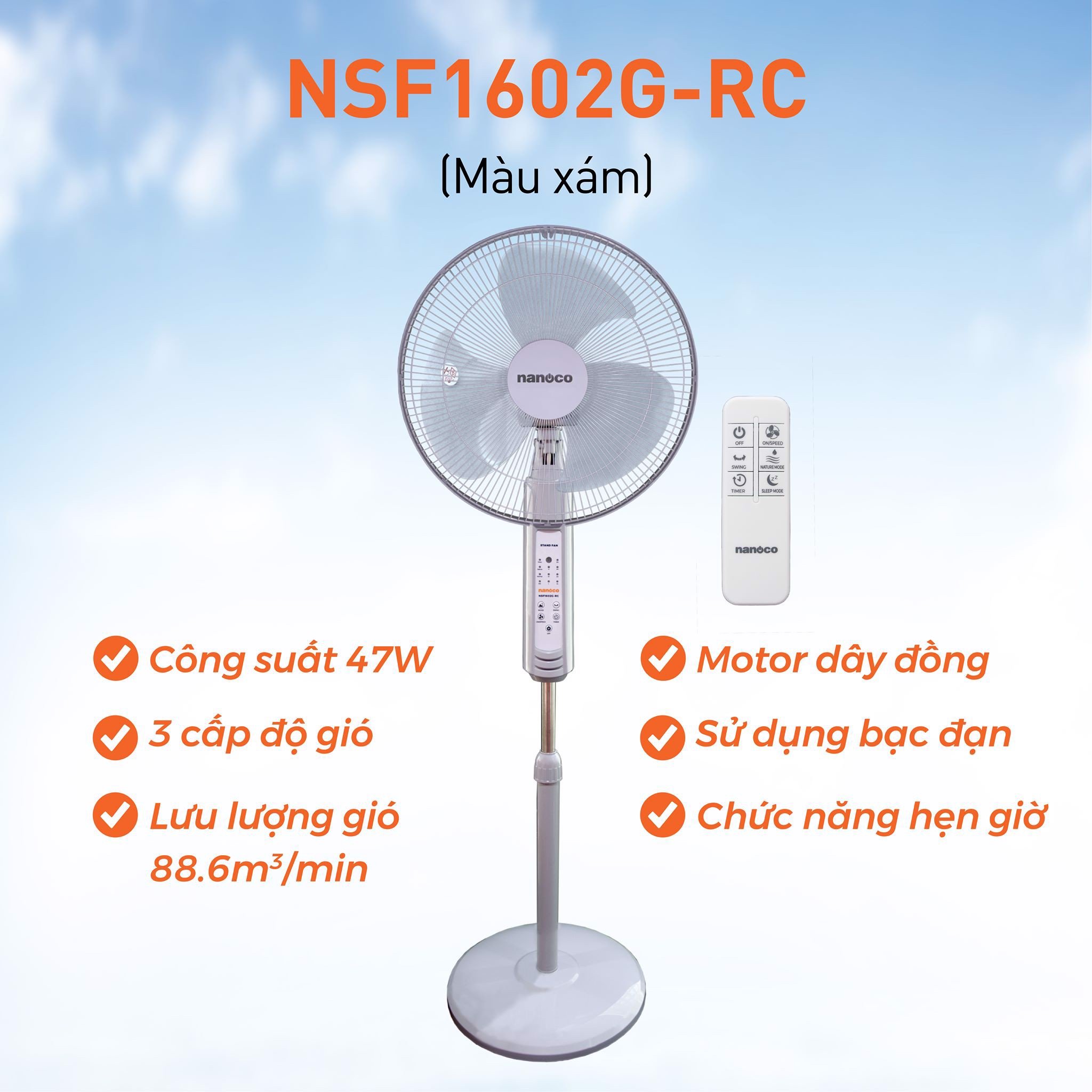 Quạt Đứng Remote NSF 1620BL-RC Thân Màu Xanh Nhạt 47W Nanoco