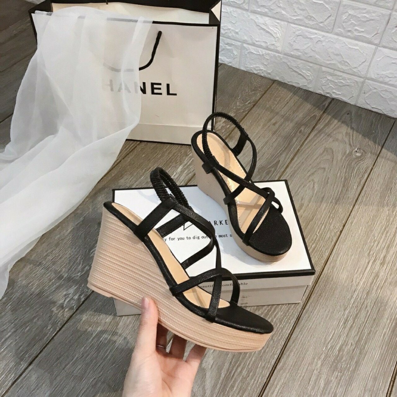 Giày Đế Xuồng Sandal Cao Gót Nữ Đẹp Siêu Nhẹ Cao 9P Phối Chéo Dây Êm Chân CTS-CG (Hình Thật)