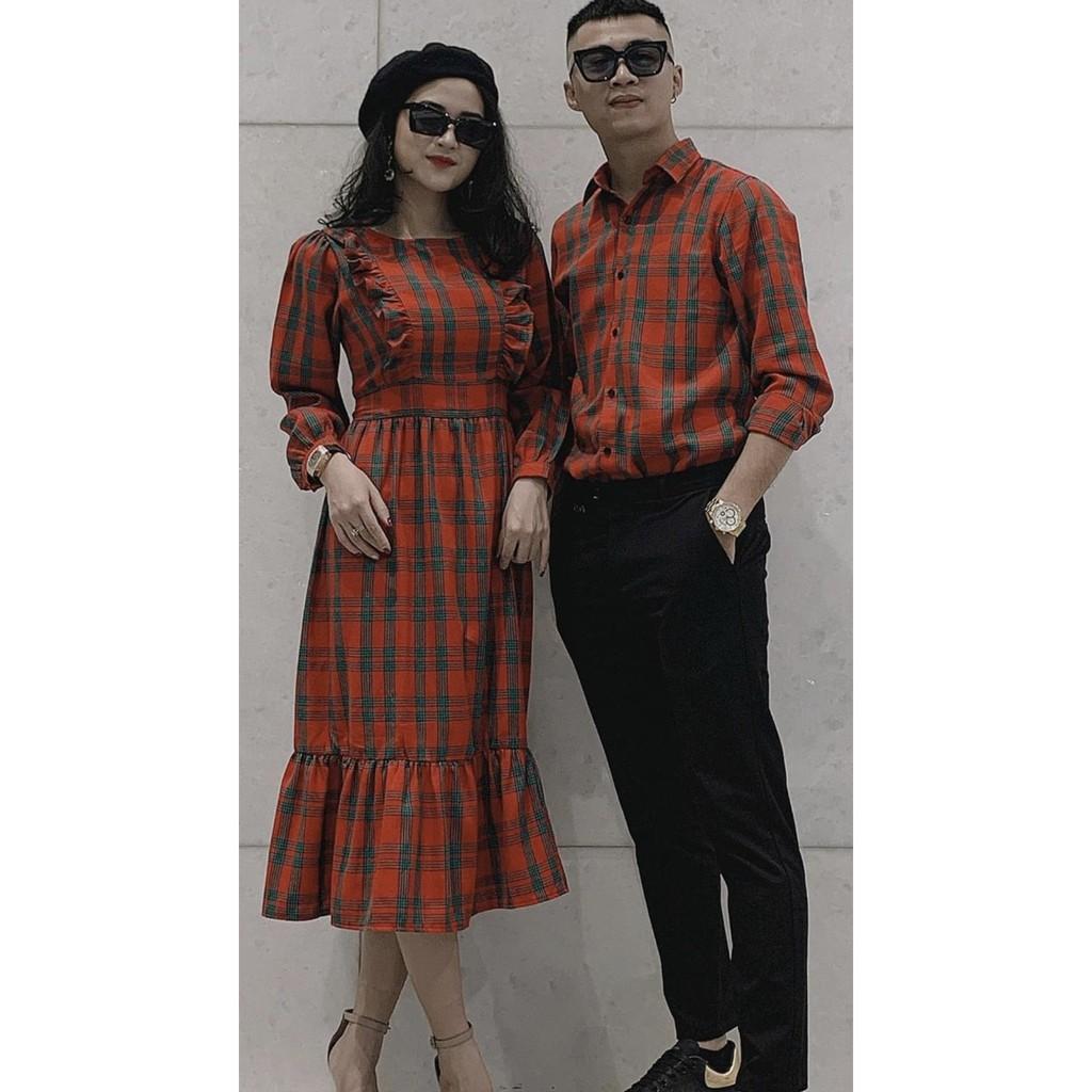 Áo đôi nam nữ Áo cặp váy sơ mi thời trang couple hàn quốc sọc kẻ caro màu đỏ đuôi cá đẹp AV34