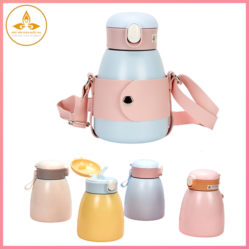 Bình nước giữ nhiệt- YOGA QG,dùng cho thể thao, tập yoga, 600ml dễ thương, chất liệu inox 304, có dây da đeo tiện lợi, quà tặng bạn gái, bình học sinh cao cấp. an toàn- hàng chính hãng