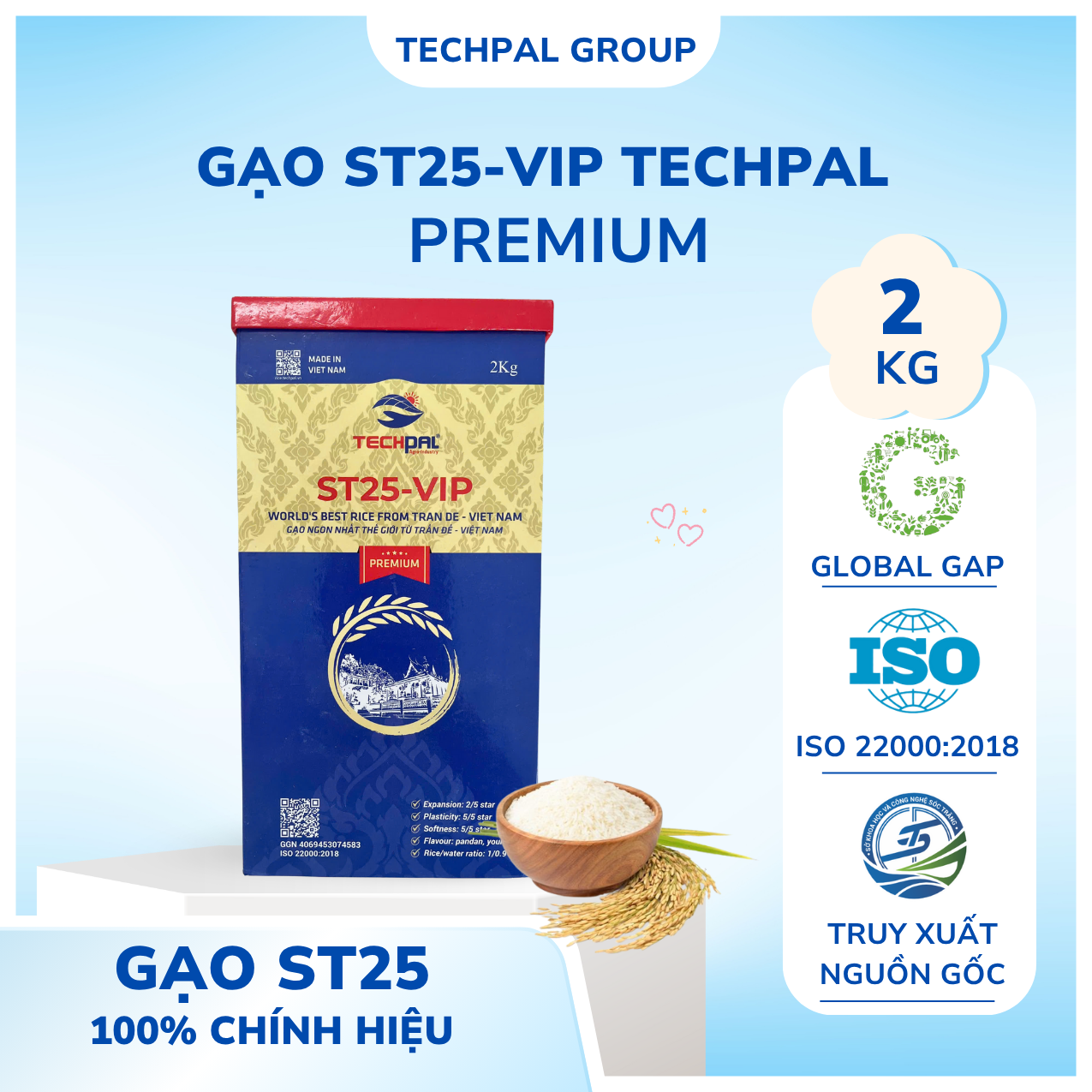 Gạo ST25-VIP Premium TECHPAL hộp giấy 2Kg | Túi xách quà tặng | Đạt chuẩn Global GAP