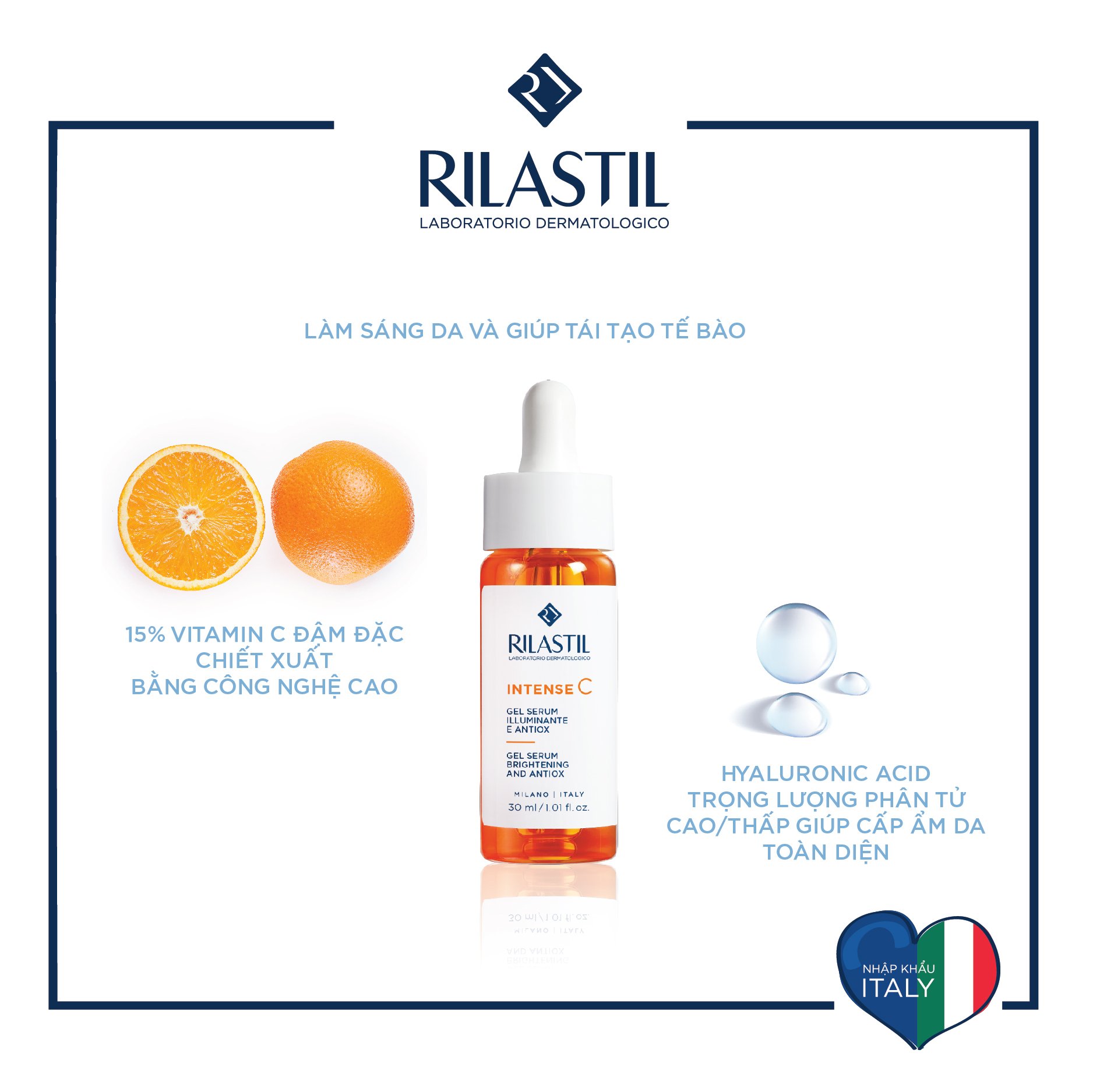 SERUM LÀM SÁNG DA CHỨA 15% VITAMIN C RILASTIL INTENSE C GEL SERUM 30 ML CAO CẤP ITALY