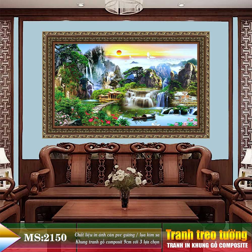 Tranh treo tường phòng khách, phòng ngủ SƠN THỦY HỮU TÌNH khung gỗ composit chất liệu pvc gương / lụa kim sa. MS:2150L9