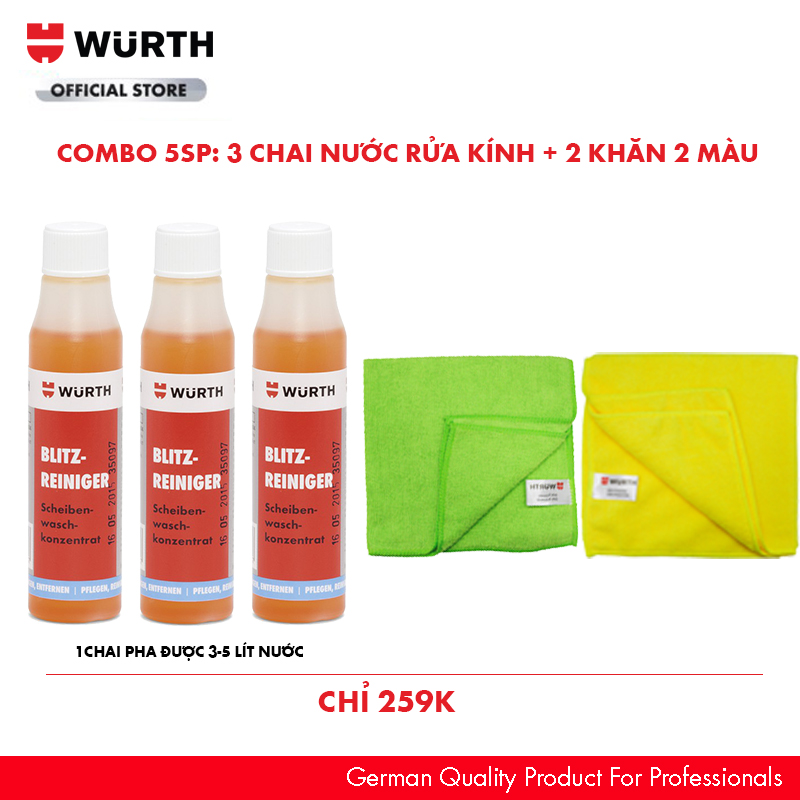 Combo Wurth 3 Nước Rửa Kính Tiện Dụng Và 2 Khăn Lau Thấm Hút Nhanh Siêu Tiết Kiệm