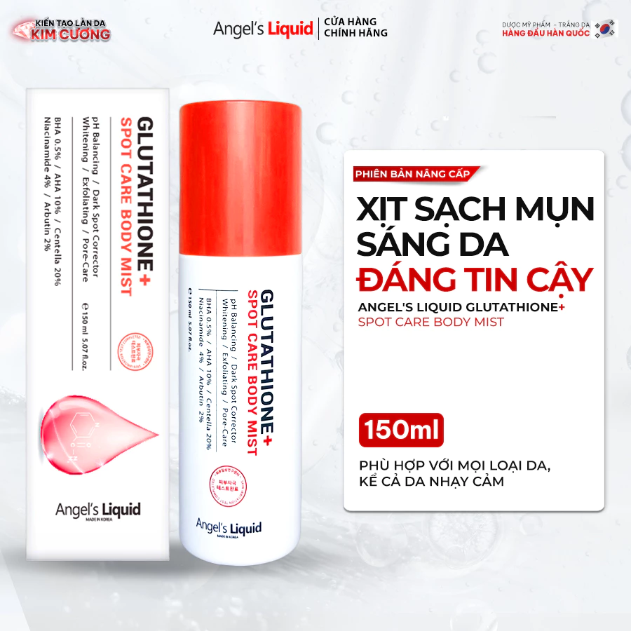 [PHIÊN BẢN NÂNG CẤP] Xịt Giảm Mụn Lưng Sáng Da Cơ Thể Angel's Liquid Glutathione+ Spot Care Body Mist 150ml