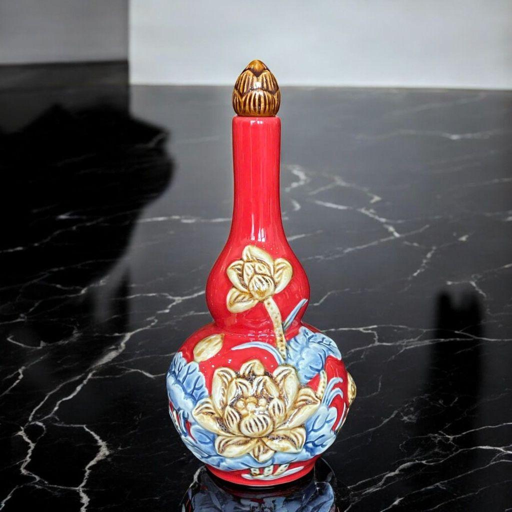 Nậm Rượu Bát Tràng Men Đỏ Cao Cấp RỒNG VIỆT – Họa Tiết Rồng, Sen, Đào Thọ, Đa Kích Thước