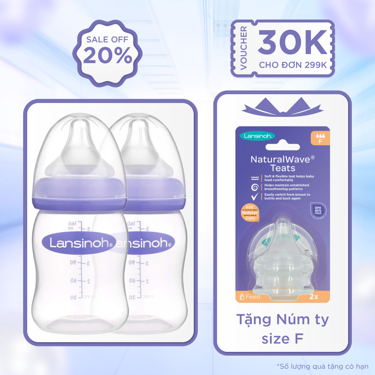 2 Bình Sữa Cổ Rộng Lansinoh 160ml TẶNG 1 Núm Vú Cổ Rộng Lansinoh Size F