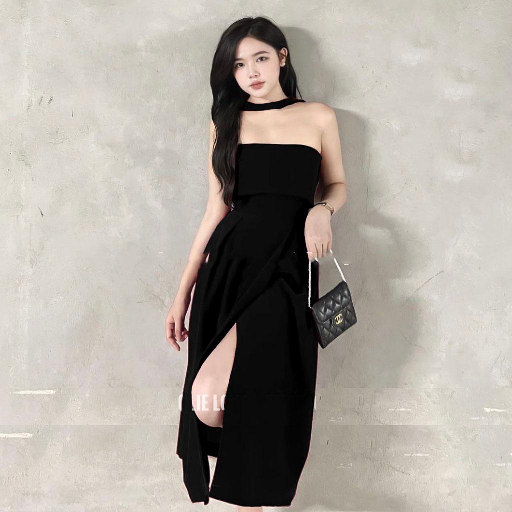 Váy choker dự tiệc đầm nhung xẻ tà dáng dài mẫu mới