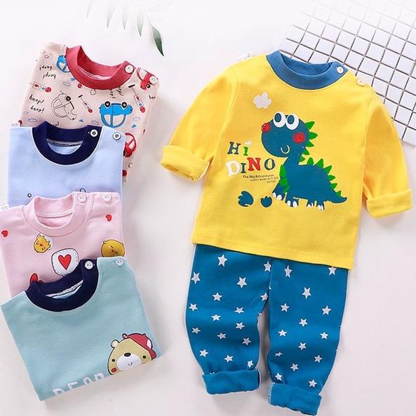 Đồ bộ cotton dài tay thu đông họa tiết hoạt hình cho bé từ 6- 17kg