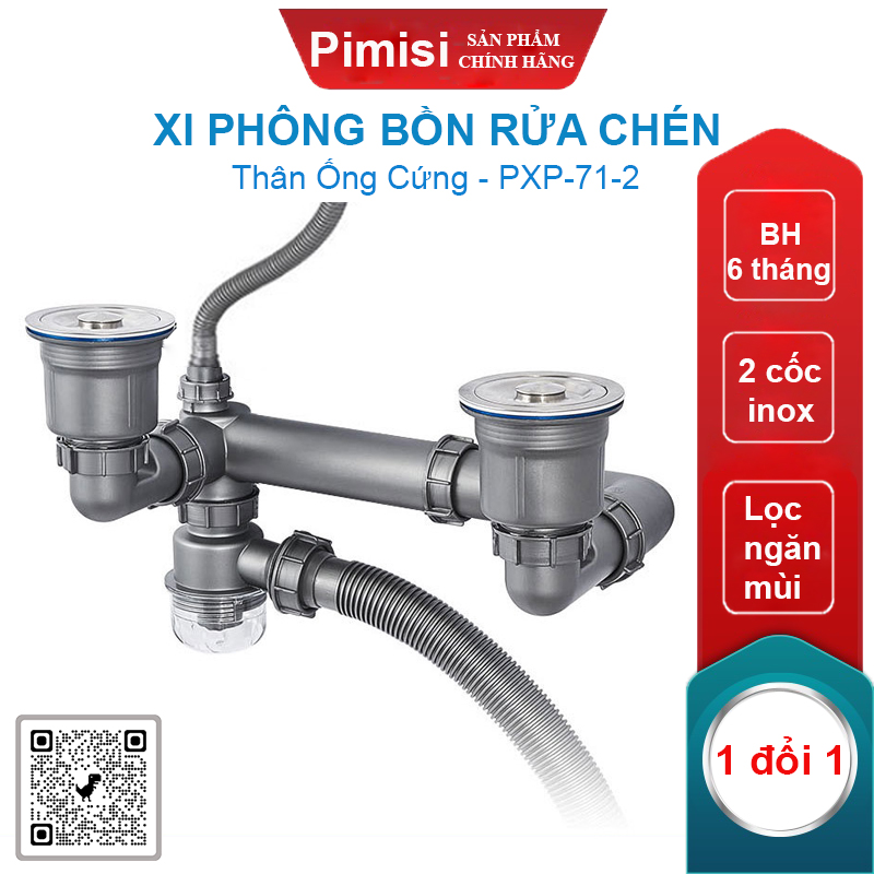 Bộ Xi Phông Xả Thải Bồn Rửa Chén 2 Hố Pimisi PXP-71-2 Cao Cấp - Loại Ống Thải Nhựa Cứng Không Đọng Nước - Cốc Inox 304 Phi 110mm (11cm), Lọc Rác, Bầu Chống Mùi Hôi Và Giảm Dầu Mỡ Ống Dẫn - Có Thoát Tràn | Hàng Chính Hãng
