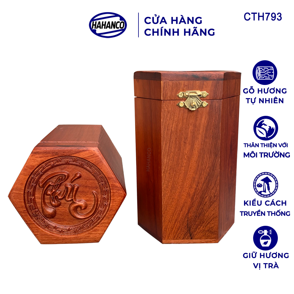 Hộp đựng trà bằng gỗ Hương mặt đục chữ Phúc - hình lục lăng, cafe, decor, giúp giữu mùi vị, vân gỗ siêu đẹp - CTH793