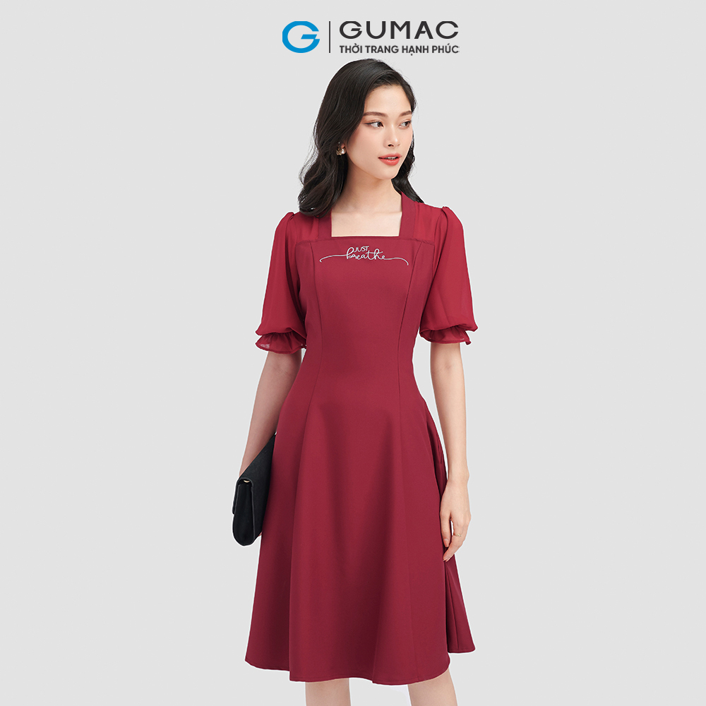 Đầm xòe nhẹ GUMAC LD0912 thêu just breathe nhẹ nhàng