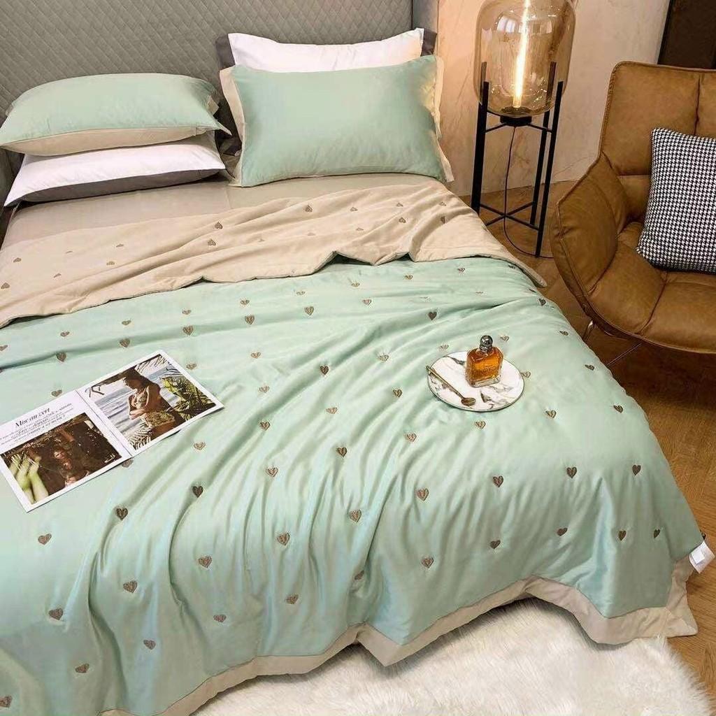 Set chăn ga lụa hoạt tính thêu tim mẫu mới, chăn chần bông SÉT 4 MÓN