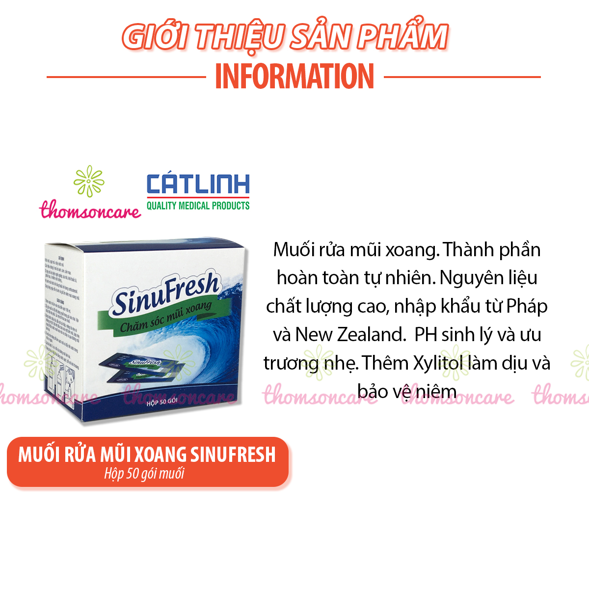 Muối biển rửa mũi Sinufresh của Cát Linh - Hộp 50 gói - Giảm khô, đau, hết ngạt, chảy nước mũiii, xoang