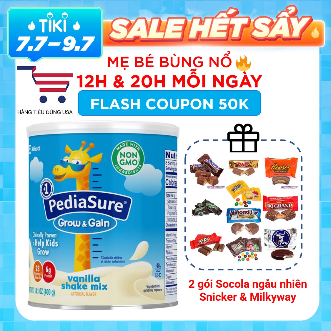 Sữa bột dinh dưỡng PediaSure Grow &amp; Gain hương Vani 400gr (Mẫu mới - Non-GMO)