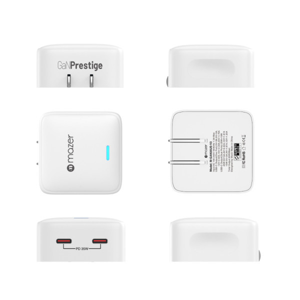 Củ sạc nhanh Mazer GanPrestige 35W US Wall Charger Siêu Nhỏ 02 Cổng USB-C Có Đèn Led Báo Sạc Nhanh Hàng Chính Hãng