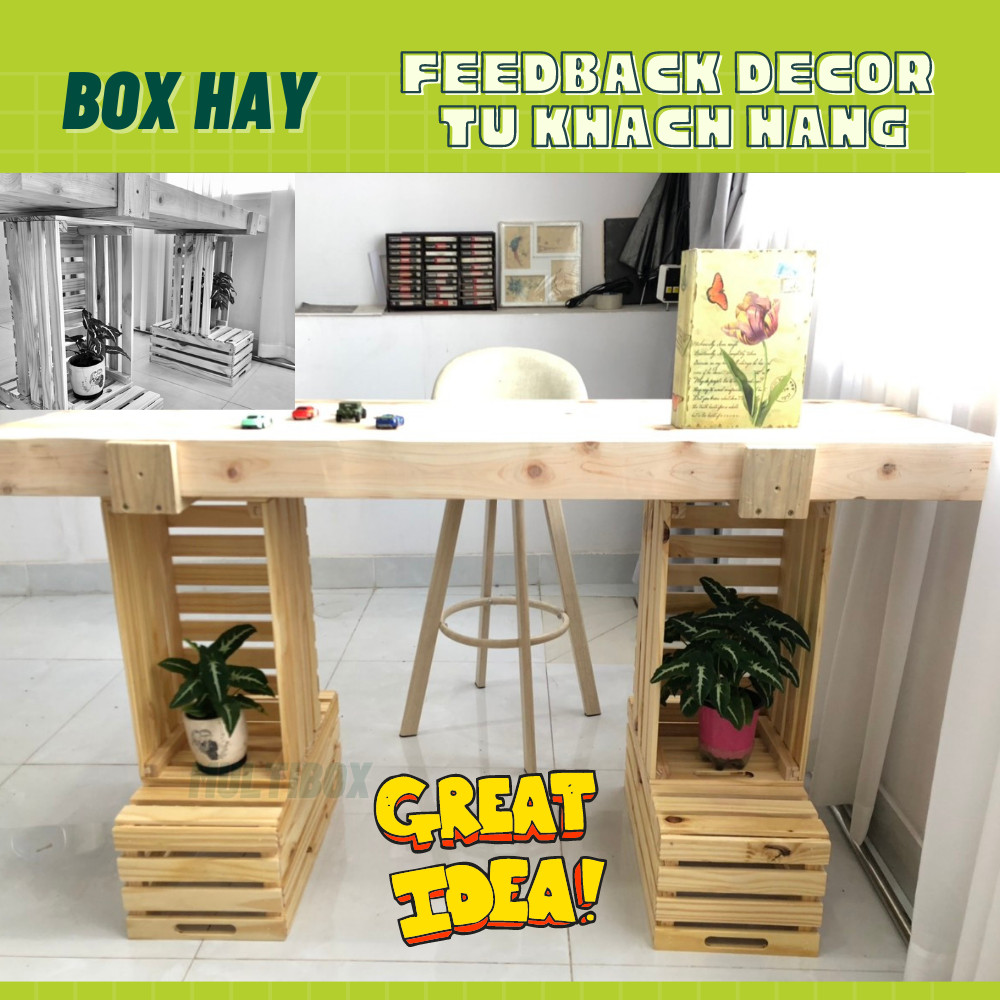 Thùng Gỗ Pallet, Thùng Gỗ Đa Năng Lắp Ráp, Hộp Khay Gỗ Pallet Decor Làm Đôn Chậu Gỗ, Bàn Trà, Thùng Đựng Đồ Chơi Size 40x22x16cm