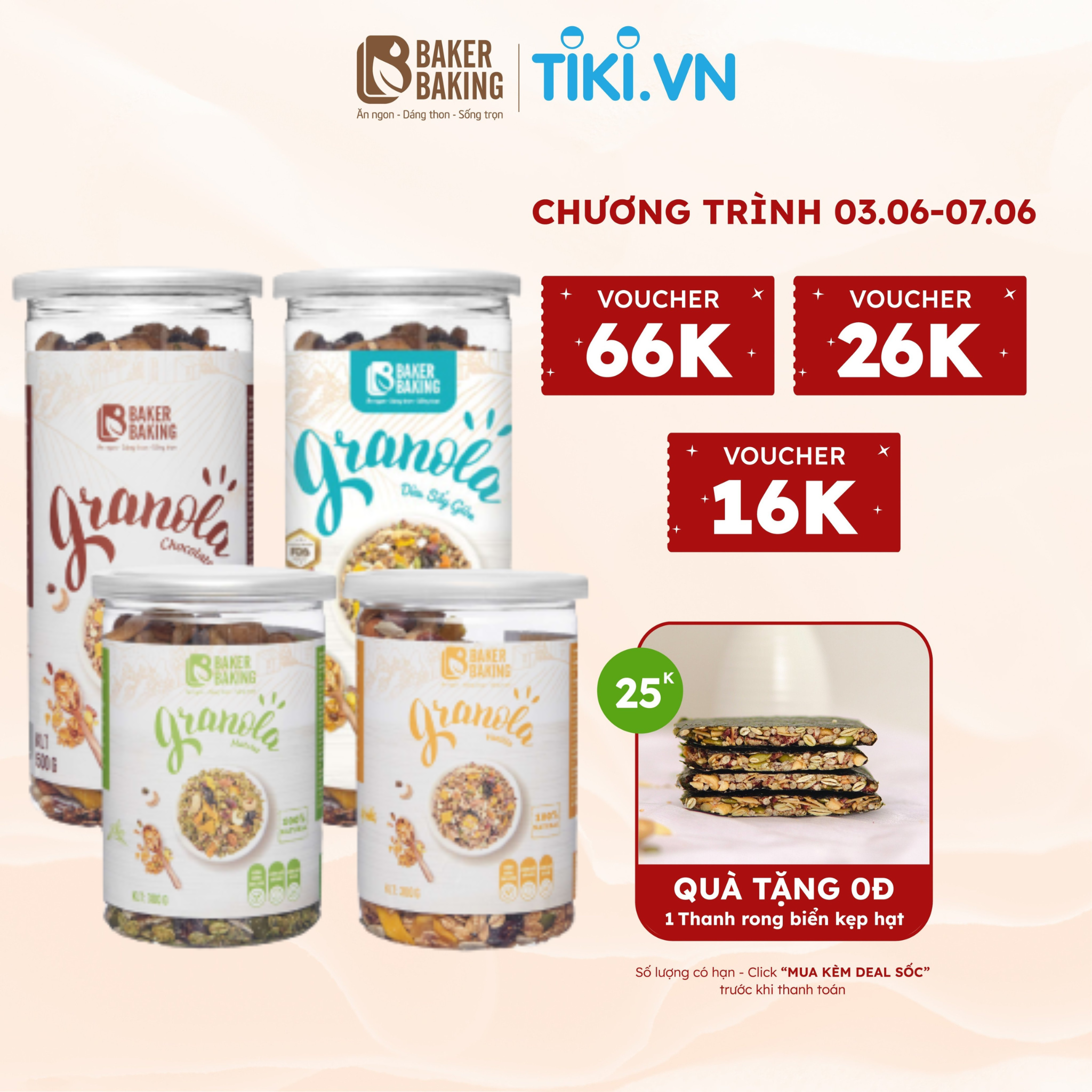 Ngũ cốc Granola ăn kiêng Baker Baking không đường dành cho mẹ bầu, tiểu đường, healthy 300-500g