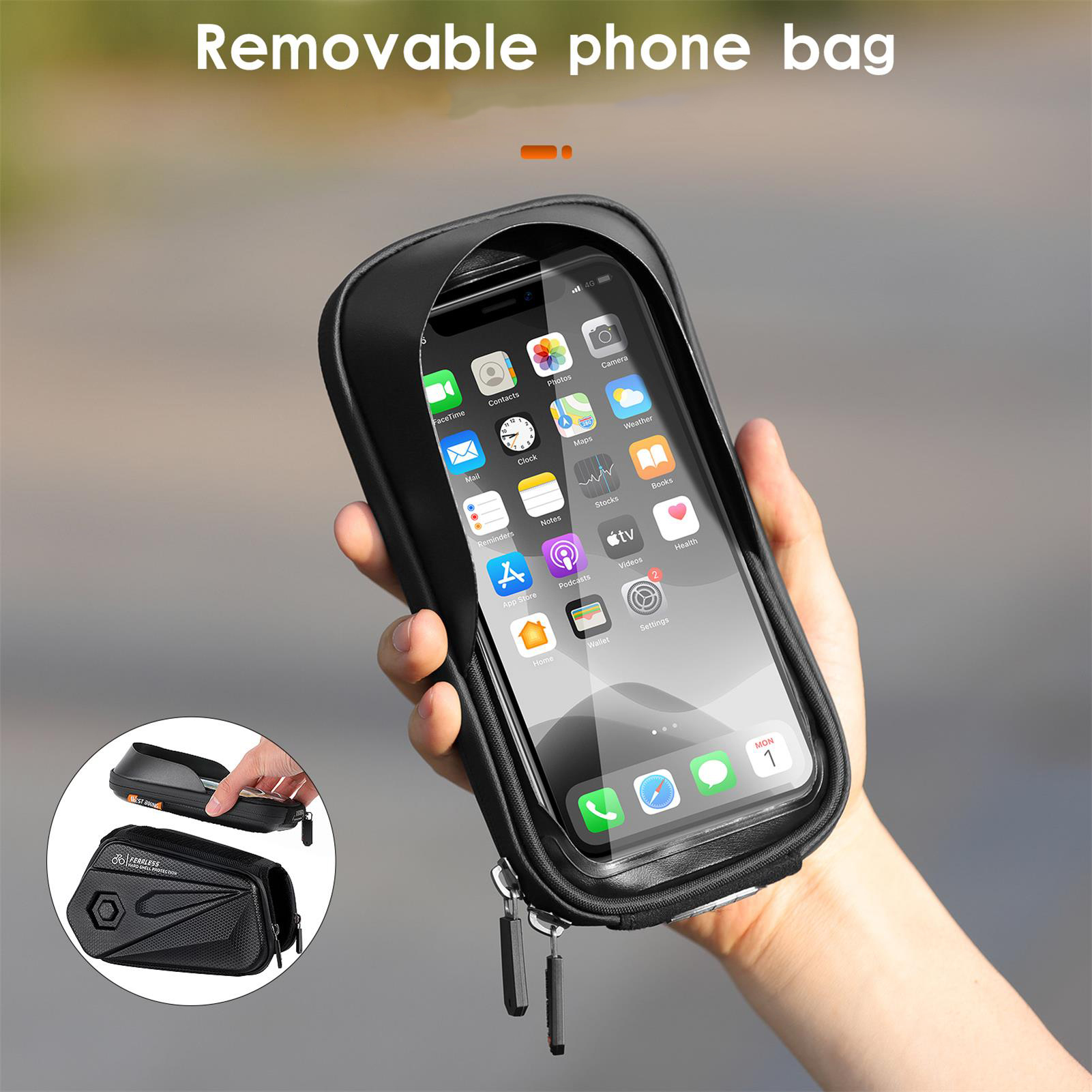 Túi Bike Handlebar hoạt động như một giá đỡ điện thoại đồng với màn hình cảm ứng