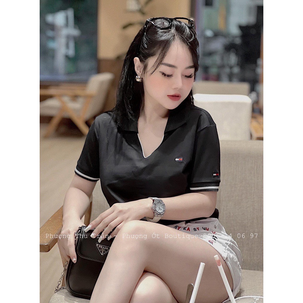 Áo thun nữ polo cổ V phối màu vải cá sấu mền mát, áo phông nữ cộc tay lỡ cổ bẻ cá tính