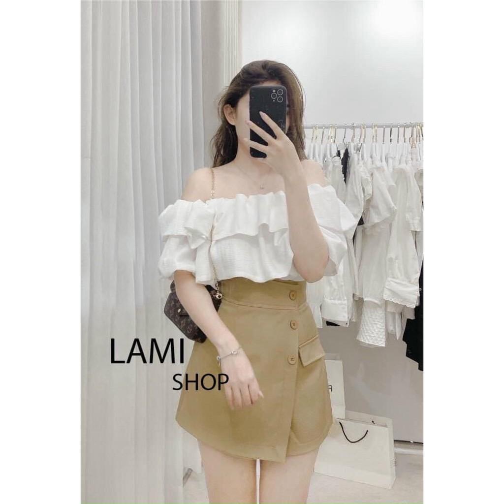 Set bộ giả váy thời trang nữ áo bèo hai dây trễ vai kèm quần dáng xòe phối nút