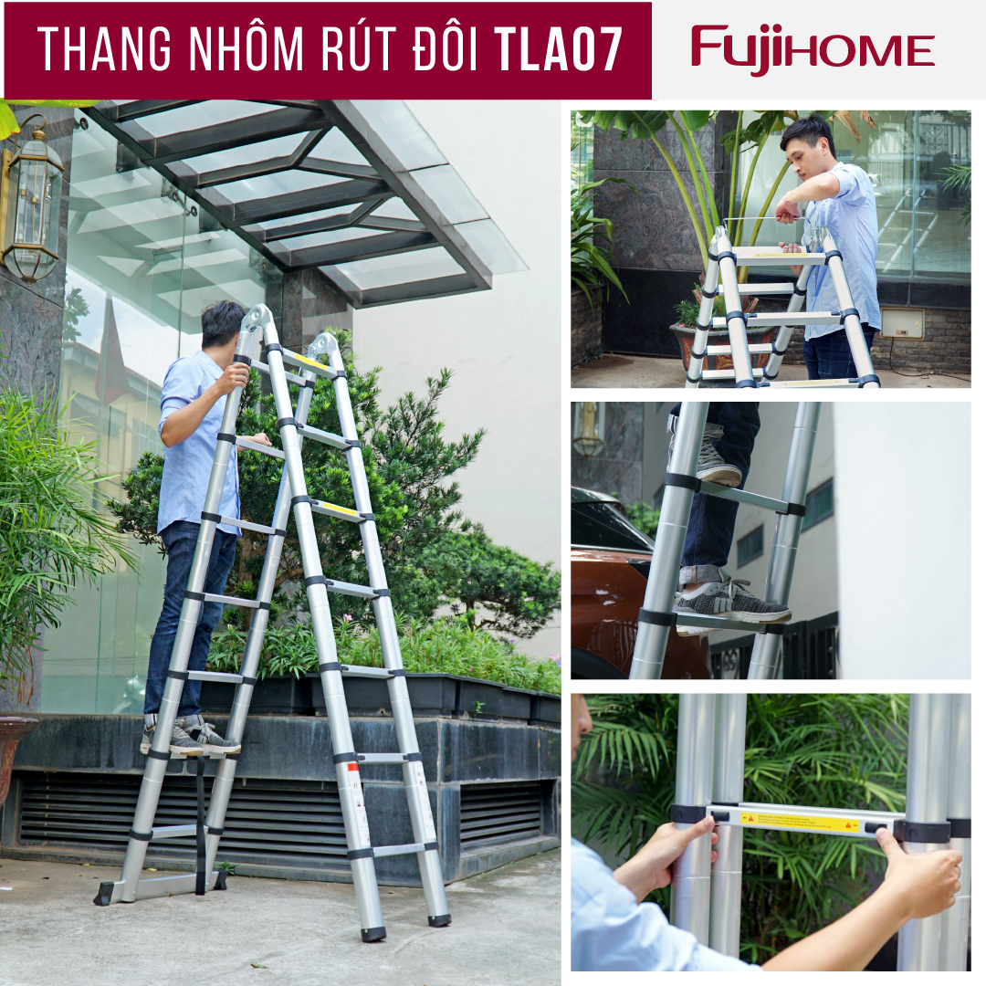 Thang nhôm rút gọn chữ A FUJIHOME TLA07 ( Chiều cao chữ A 2,1m- Cao chữ I 4m- Rút gọn 0,9m - KHóa chốt an toàn, để chống trượt)  Hàng Chính hãng 