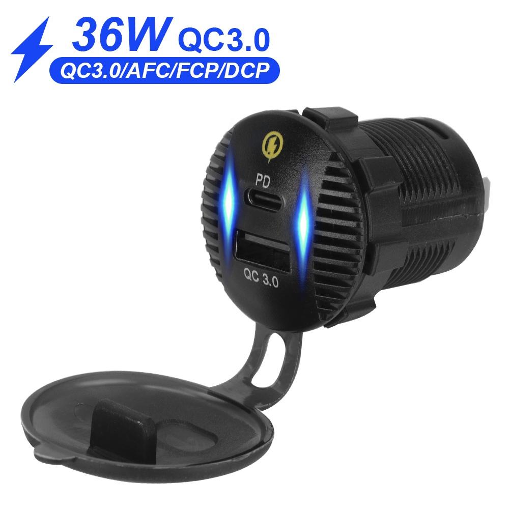 Cục sạc điện thoại cổng USB kép 3.0 36W 12-24V chống nước thông dụng cho xe hơi/xe máy/xe tải