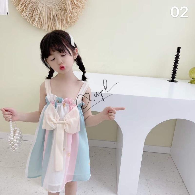 Váy 2 dây phối nơ màu sắc cho bé gái