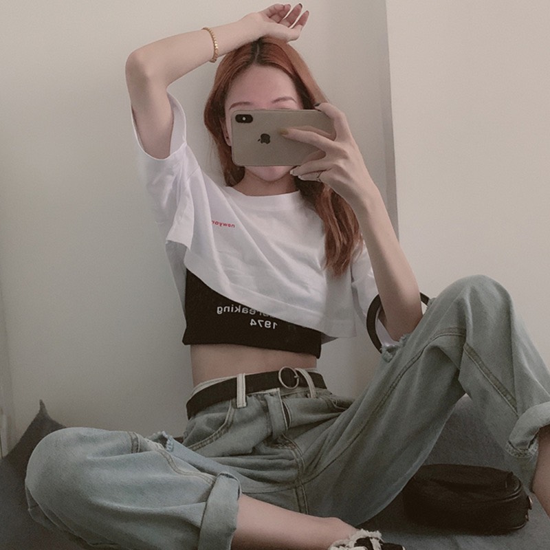 Set Áo Croptop Nữ Đẹp, Tay Ngắn, Áo ngoài Cotton - Áo trong bo Zíp