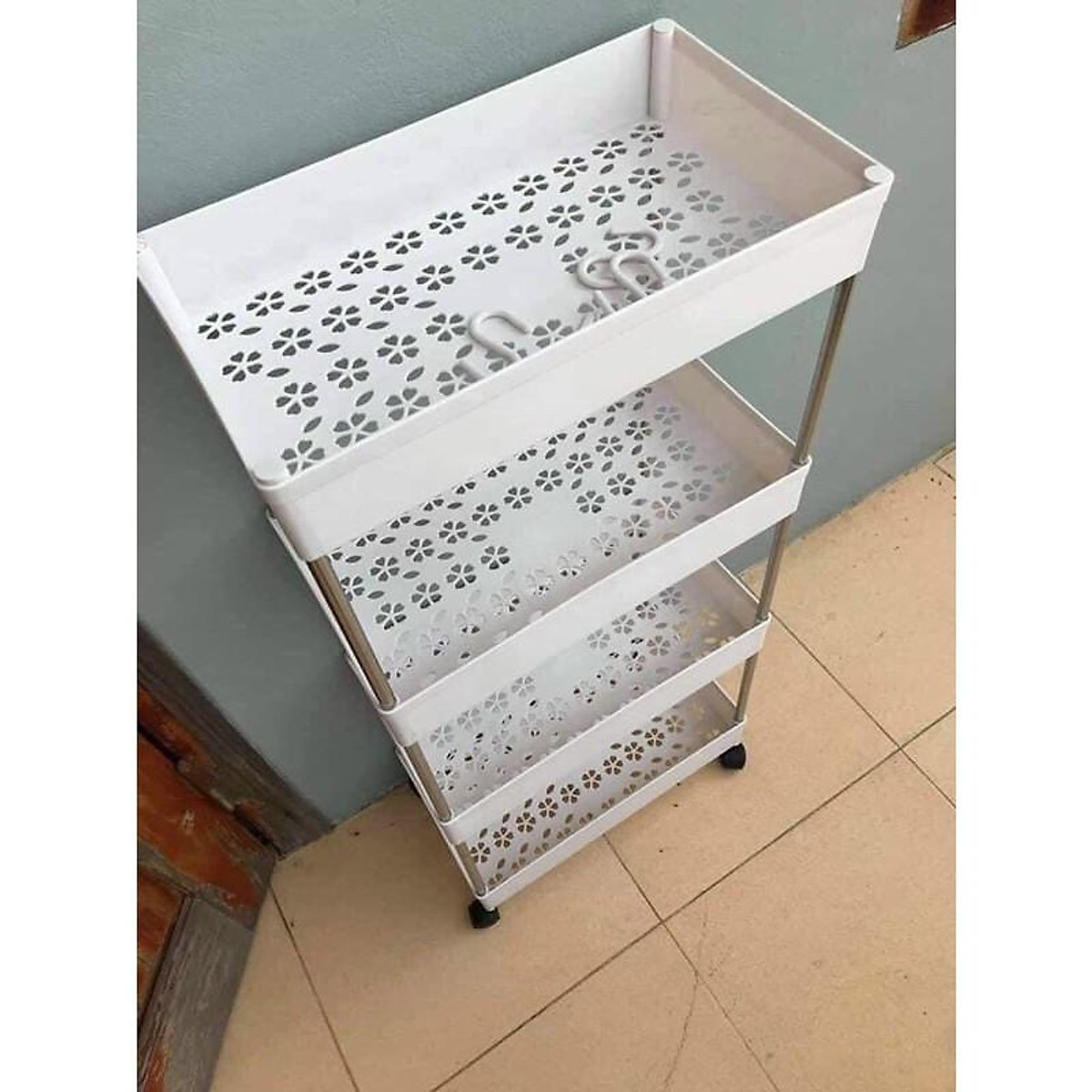 Kệ Để Đựng Đồ Đa Năng 4 Tầng - Thanh Inox - Giá Nhựa có lỗ Cao cấp màu trắng - Hàng Loại 1 - Chính Hãng MINIIN