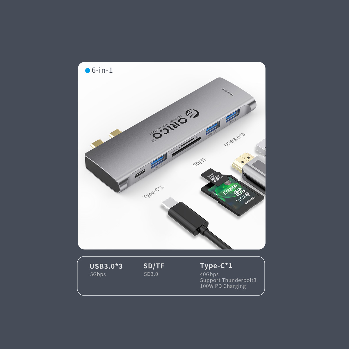 Đế Cắm Đa Năng Orico 2CT-6TS-GY 6 Trong 1 Cổng Type C - MacBook - Hàng Chính Hãng