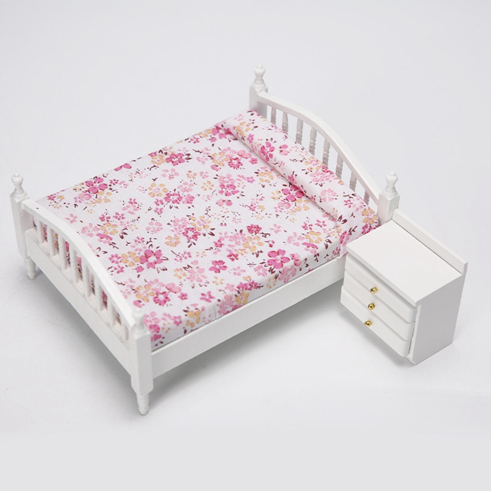 1:12 Scale Miniature Dollhouse Bed with Bed Cabinet Dollhouse Decoration