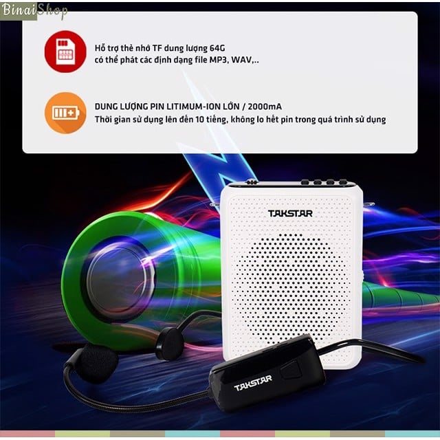 Takstar E300W- Tặng túi rút đựng máy trợ giảng - Máy Trợ Giảng Không Dây UHF, Kết Nối Bluetooth, Công Suất 10W Cho Giáo Viên, Bán Hàng- Hàng chính hãng