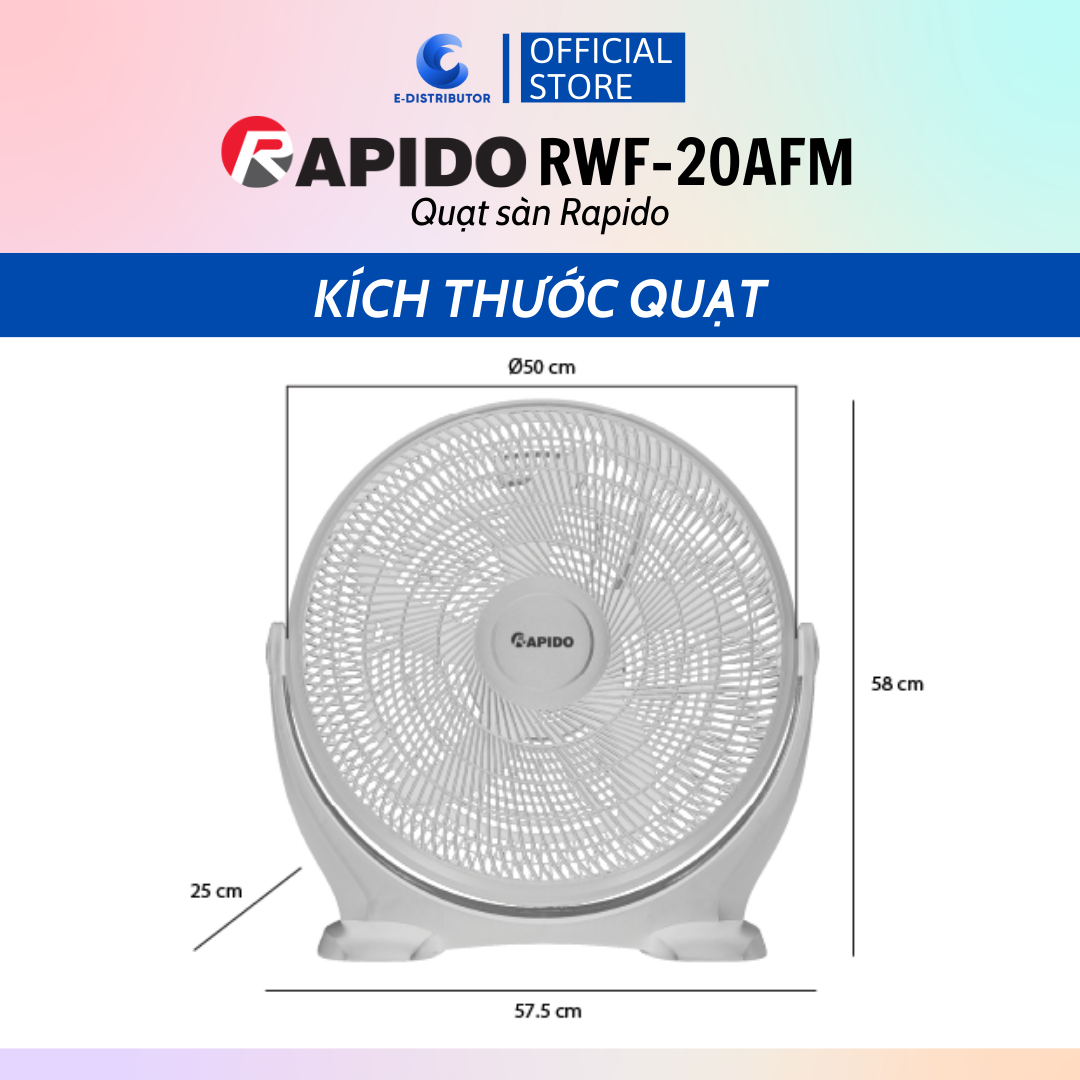 Quạt sàn Rapido RWF-20AFM (Công suất 60W) - Hàng chính hãng - Điện áp: ~ 220V – 240V/ 50 Hz  - Công suất: 60W