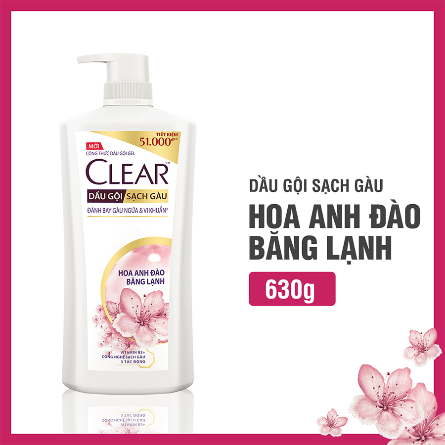 Dầu gội sạch gàu Clear Hoa Anh Đào đánh bay gàu & nhờn ngứa, sảng khoái cả ngày dài 630G