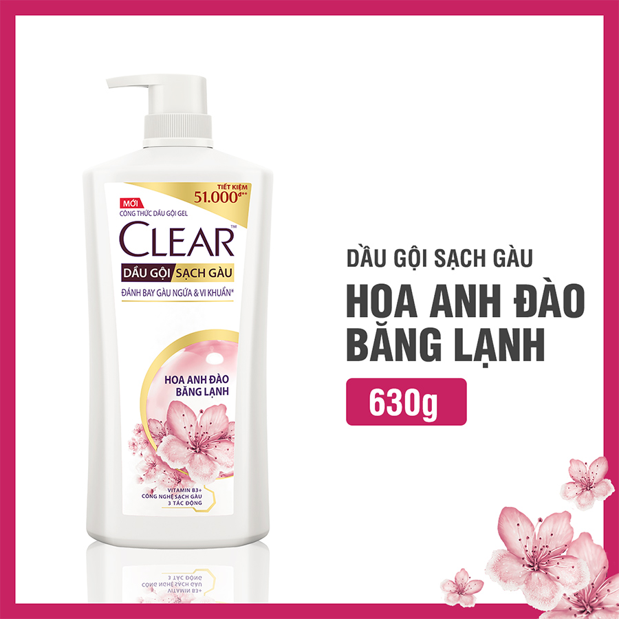 Dầu Gội Clear Sạch Gàu Dầu Gội Sạch Gàu Mát Lạnh Hoa Anh Đào Thơm Mát Suốt 24 Giờ 630G