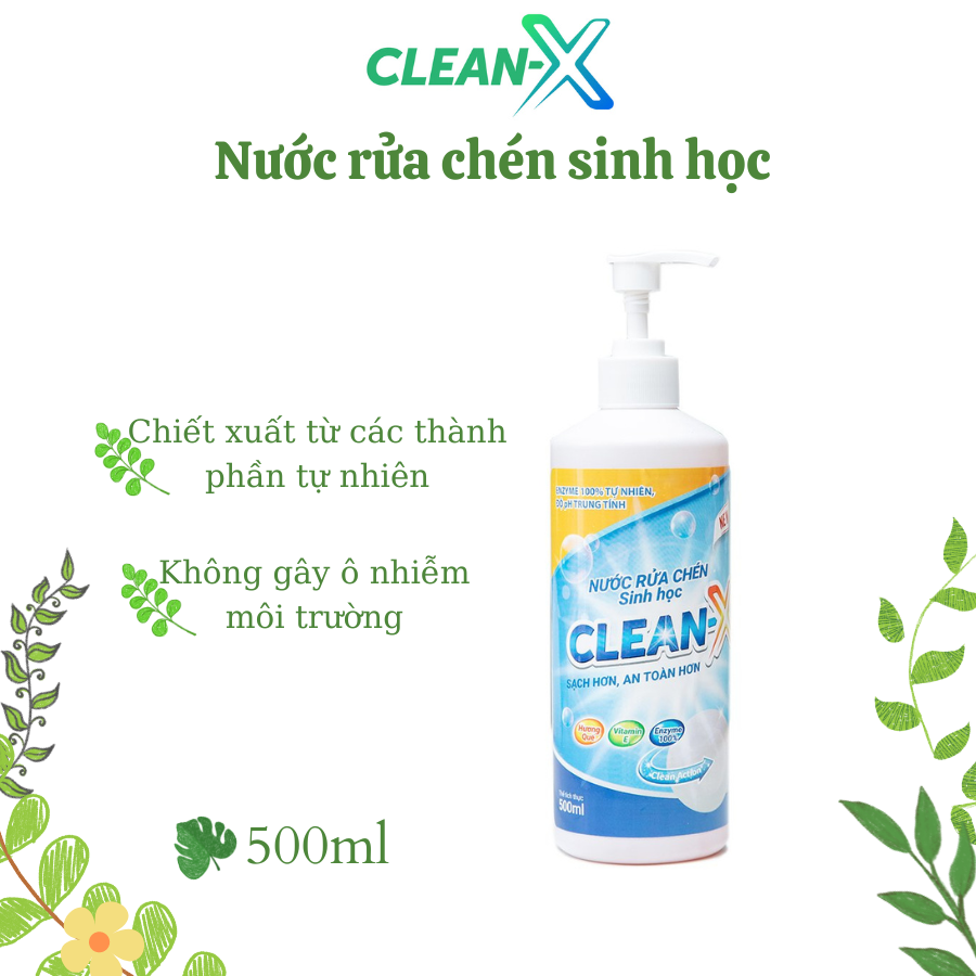 NƯỚC RỬA CHÉN BÁT SINH HỌC CLEANX 500ml - COMBO 5 CHAI 500ml