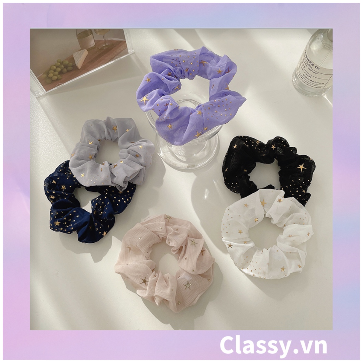 Scrunchies cột tóc, buộc tóc sợi lưới, họa tiết ánh sao, nhiều màu thanh lịch PK1023