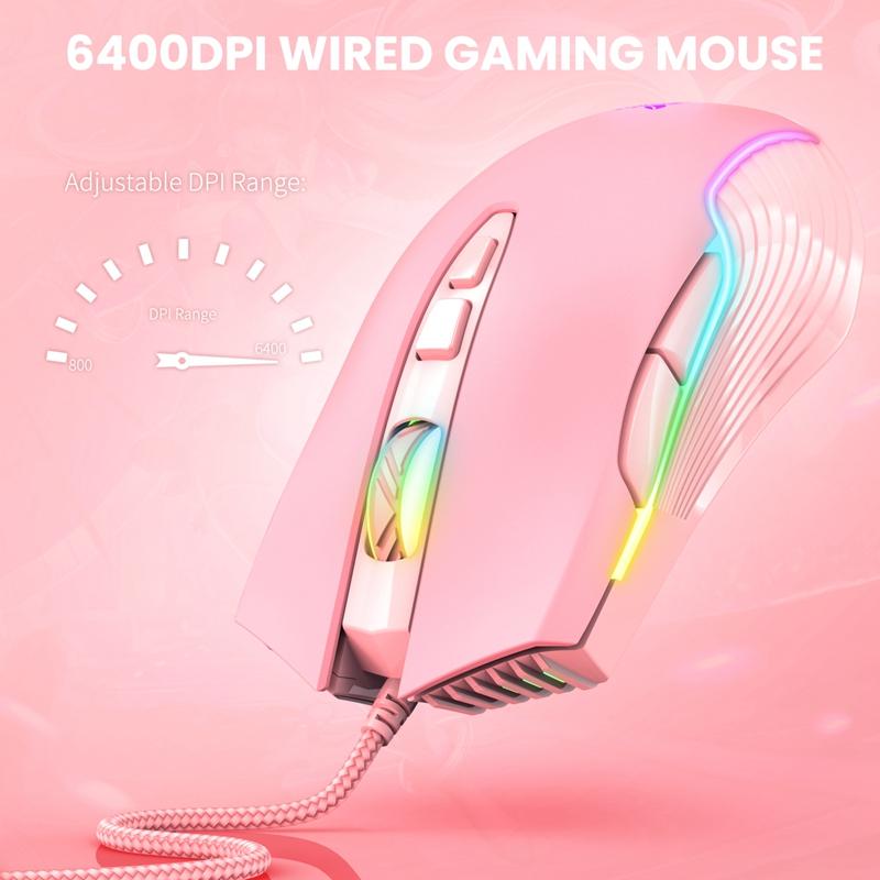 Chơi Game Có Dây Hồng Chuột Cho Máy Tính USB Công Thái Học Cô Gái Game Chuột 6400 DPI Đèn LED RGB Màu Sắc Cho Laptop game Thủ