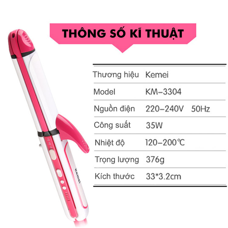 Máy làm tóc 3in1 chuyên dụng KEMEI KM-3304 điều chỉnh 5 mức nhiệt độ thích hợp sử dụng với mọi loại tóc, có thể duỗi tóc là tóc uốn tóc, dập xù, bấm tóc