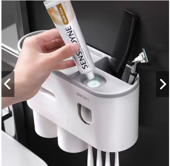 Combo kệ để đồ nhà tắm kèm bộ dụng cụ nhả kem đánh răng tự động tặng kèm 4 cốc từ tính, mẫu mới 2022