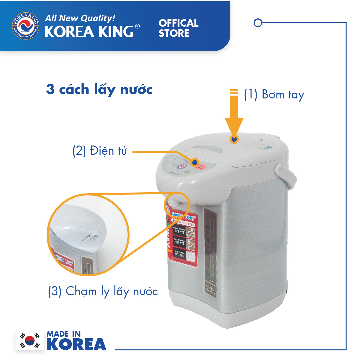 Bình thủy điện Korea King PHT-30 (điện áp 220v/50Hz, công suất 750W, dung tích: 3.0L) - Hàng chính hãng