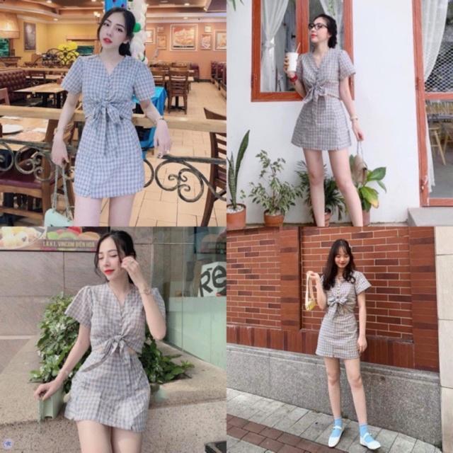 Set caro cột nơ cotton xốp lót lụa ôm body cổ V tay phồng đi biển dự tiệc dạo phố bigsize gợi cảm sexy