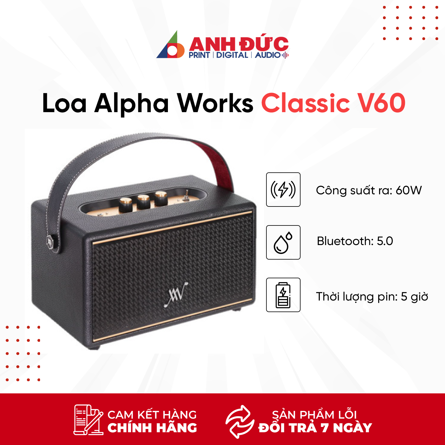 (Xả Kho) Loa Bluetooth Alpha Works Classic V60 (Pin 5h, Công suất 60W) - Hàng Chính Hãng