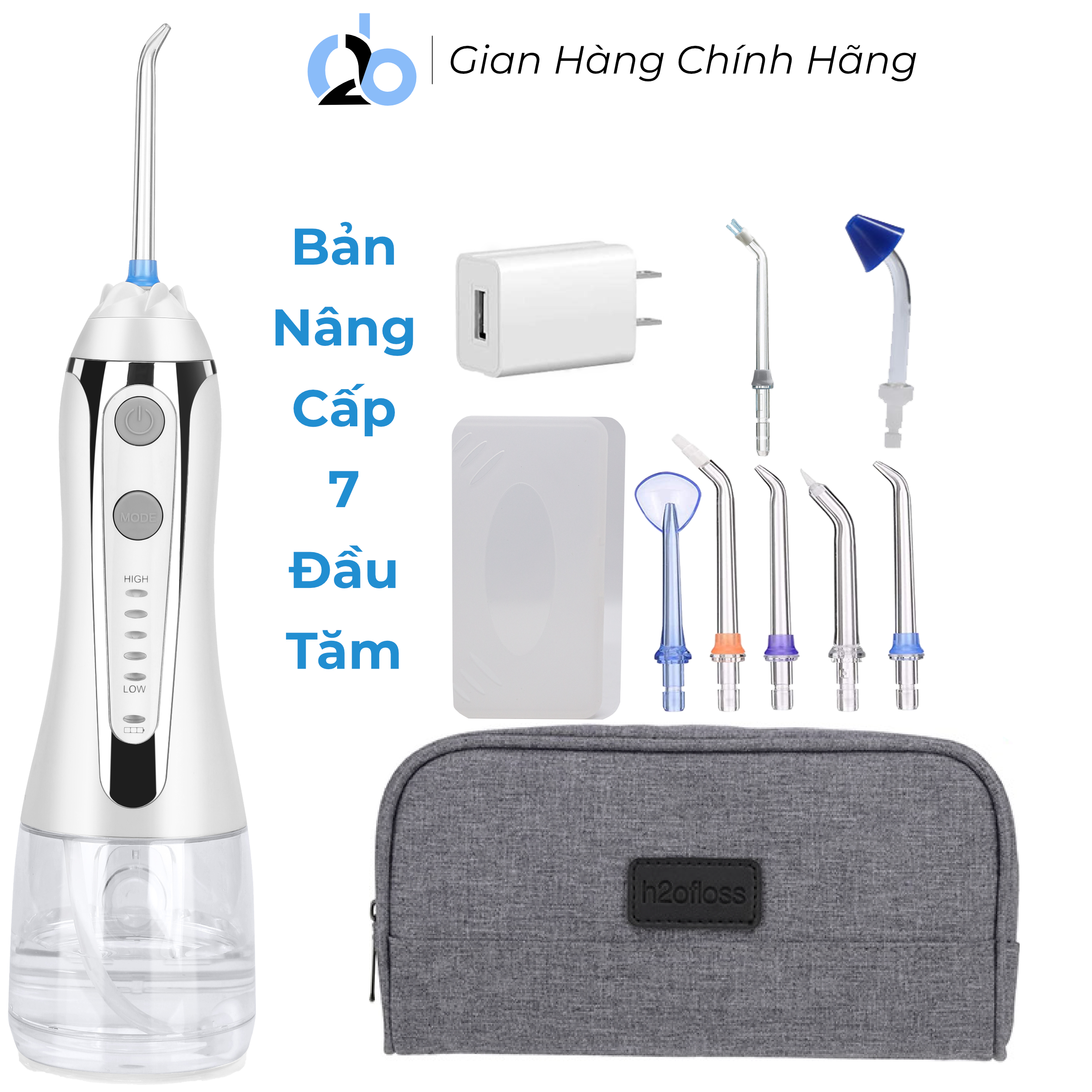 Tăm nước cầm tay H2ofloss HF-2 phiên bản nâng cấp được phân phối độc quyền với nút mở bình nước tiện lợi, tặng kèm 7 đầu tăm, củ sạc nguồn thấp - Hf-2 trắng