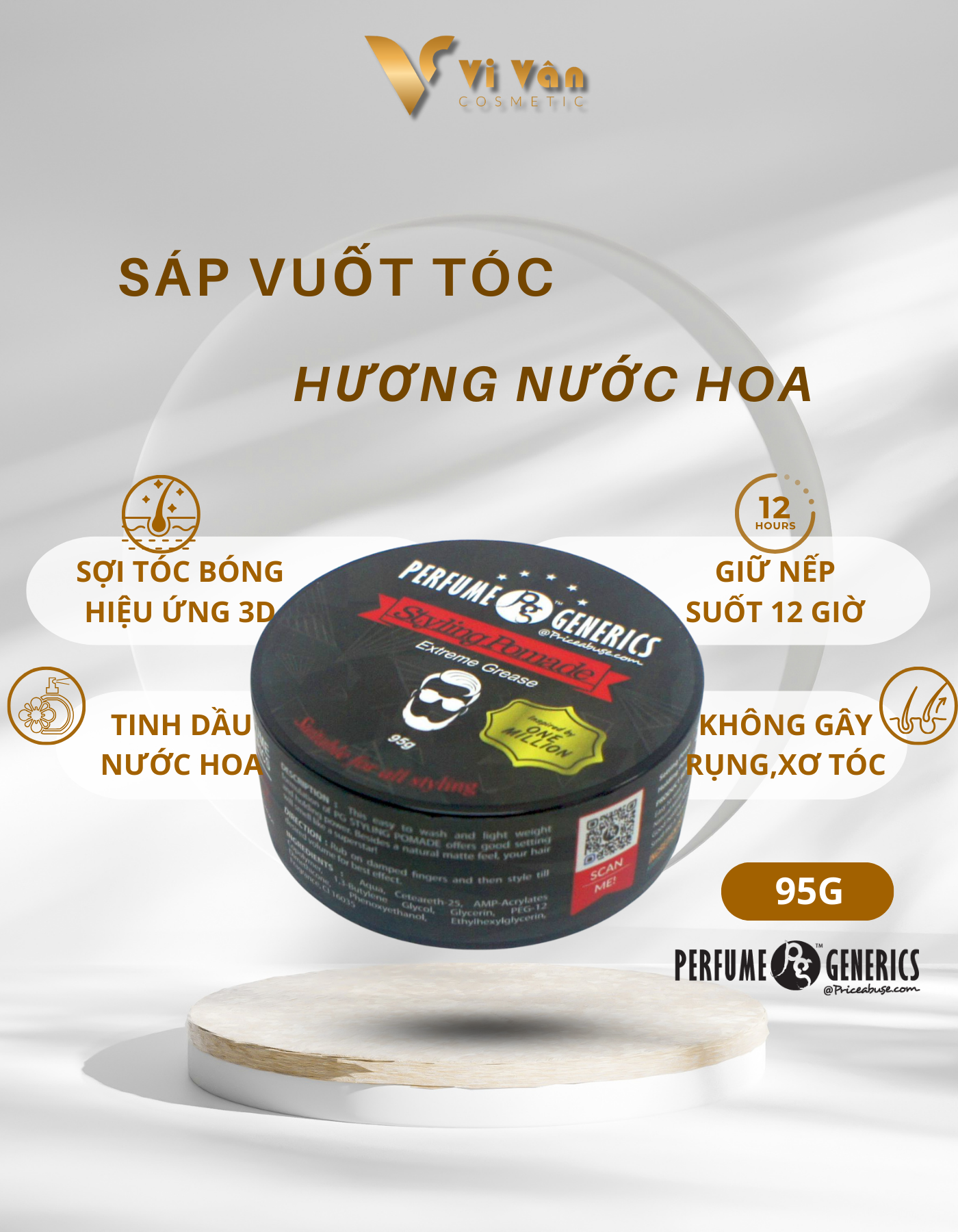Sáp Vuốt Tóc Nam Nữ Hương Nước Hoa PERFUME GENERICS POMADE 95g  (TẠO KIỂU BỒNG BỀNH),Dưỡng Tóc Và Giữ Nếp Tạo Kiểu 3D ( Vi Vân _ Cosmetic )